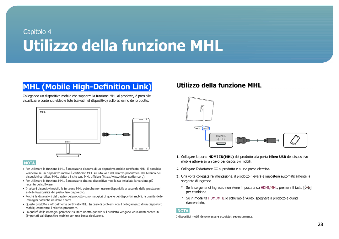 Samsung LS27B971DS/EN, LS27B970DS/EN manual Utilizzo della funzione MHL, MHL Mobile High-Definition Link 