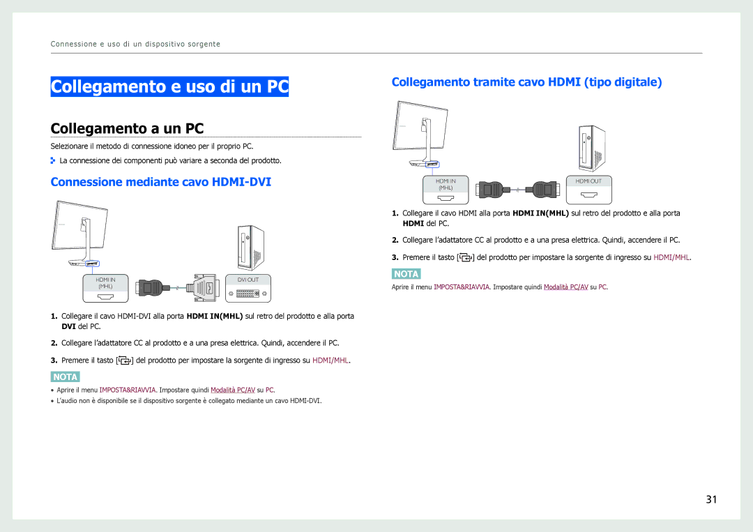 Samsung LS27B970DS/EN, LS27B971DS/EN Collegamento e uso di un PC, Collegamento a un PC, Connessione mediante cavo HDMI-DVI 