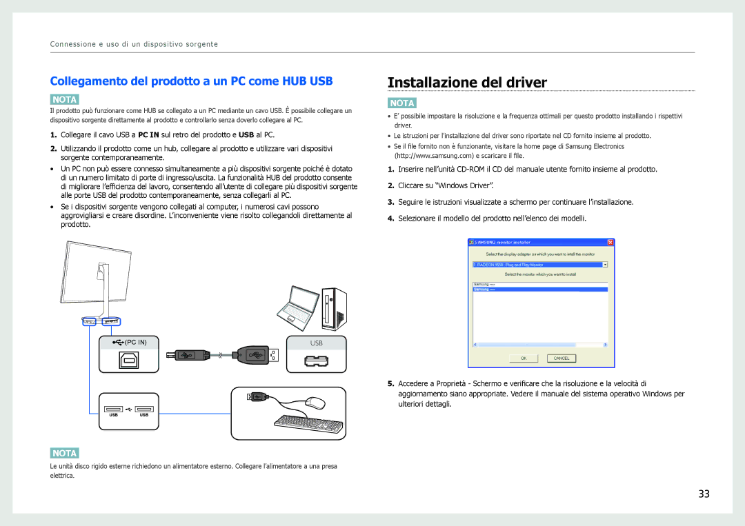 Samsung LS27B970DS/EN, LS27B971DS/EN manual Installazione del driver, Collegamento del prodotto a un PC come HUB USB 