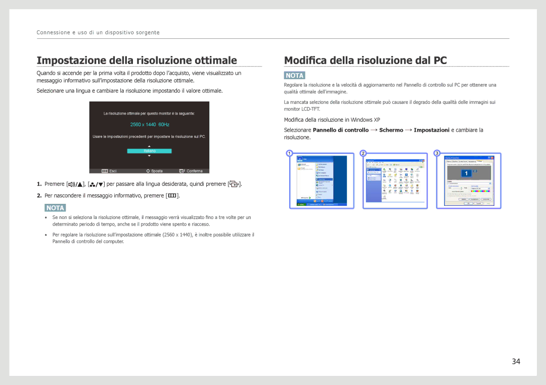 Samsung LS27B971DS/EN, LS27B970DS/EN manual Impostazione della risoluzione ottimale, Modifica della risoluzione dal PC 