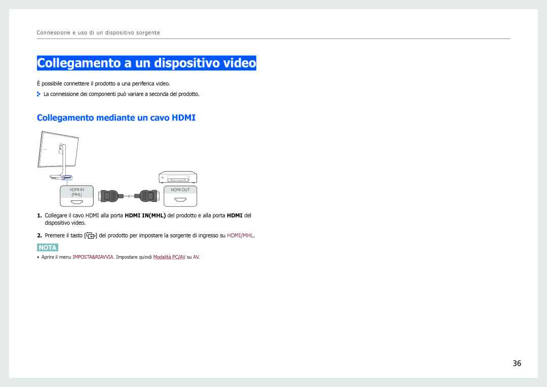 Samsung LS27B971DS/EN, LS27B970DS/EN manual Collegamento a un dispositivo video, Collegamento mediante un cavo Hdmi 