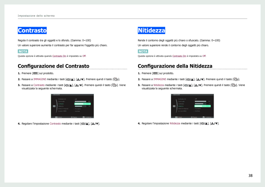 Samsung LS27B971DS/EN, LS27B970DS/EN manual Configurazione del Contrasto, Configurazione della Nitidezza 