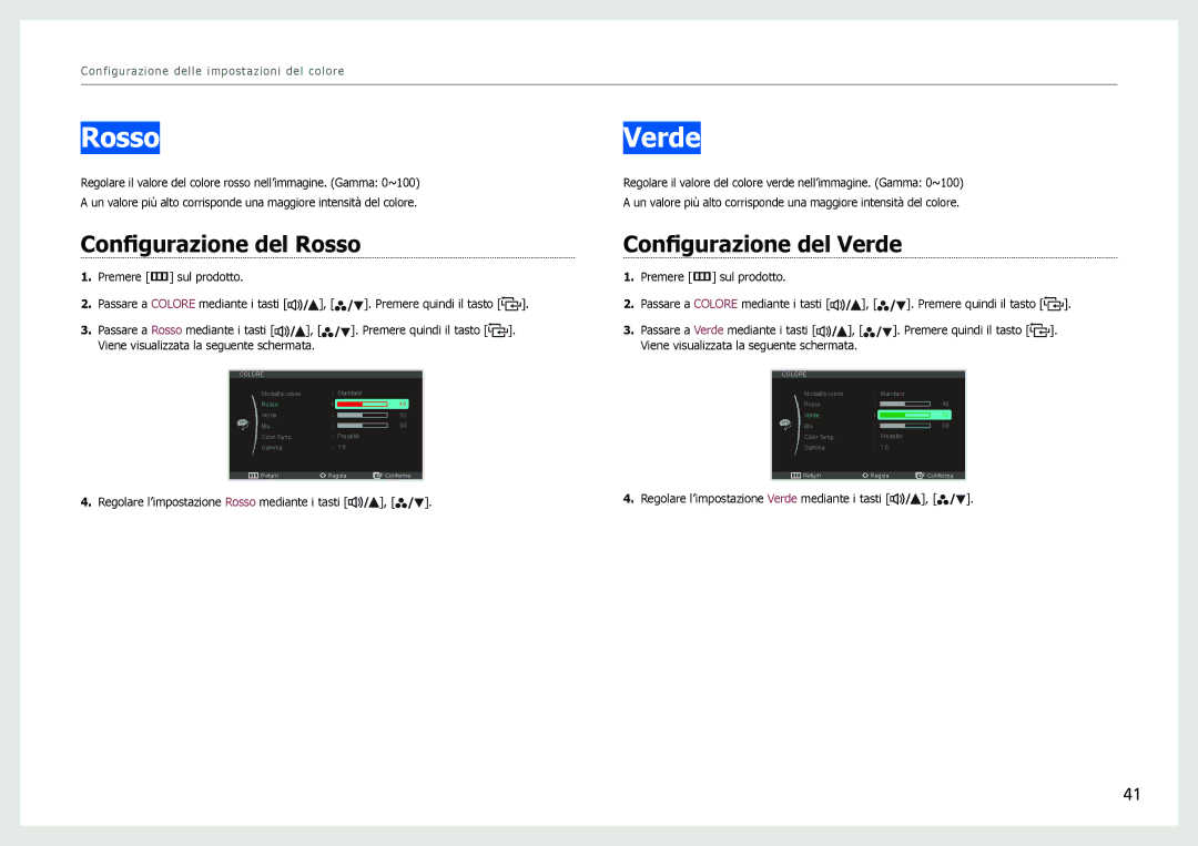 Samsung LS27B970DS/EN, LS27B971DS/EN manual Configurazione del Rosso, Configurazione del Verde 