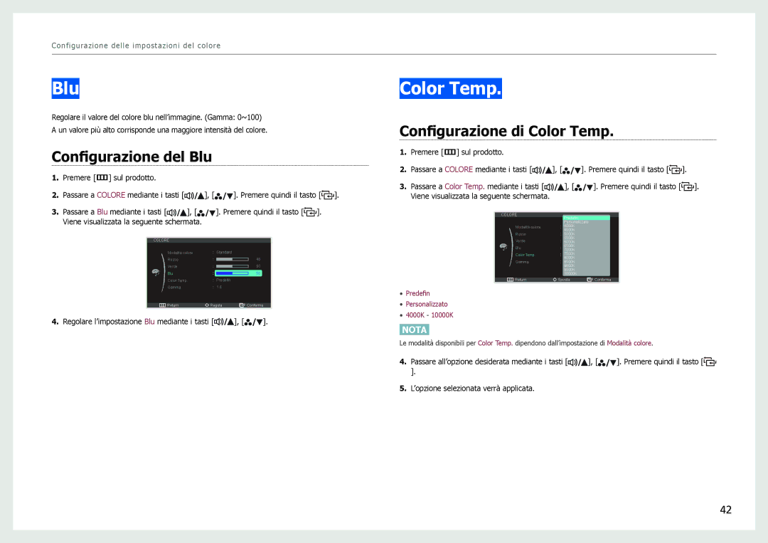 Samsung LS27B971DS/EN, LS27B970DS/EN manual Configurazione del Blu, Configurazione di Color Temp 