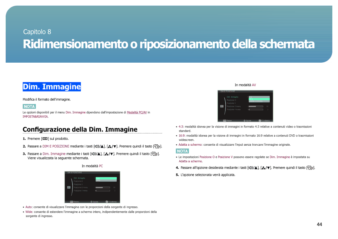 Samsung LS27B971DS/EN, LS27B970DS/EN manual Configurazione della Dim. Immagine 