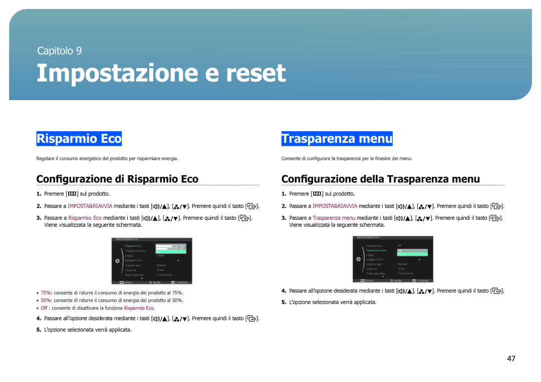 Samsung LS27B970DS/EN manual Impostazione e reset, Configurazione di Risparmio Eco, Configurazione della Trasparenza menu 