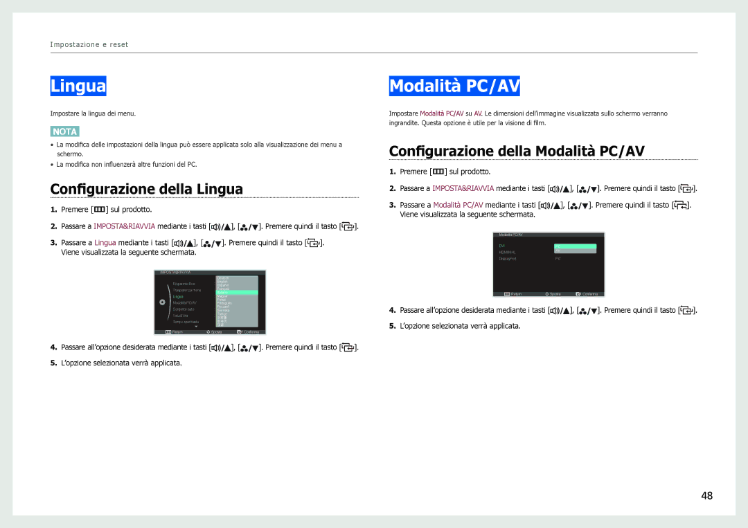 Samsung LS27B971DS/EN, LS27B970DS/EN manual Configurazione della Lingua, Configurazione della Modalità PC/AV 