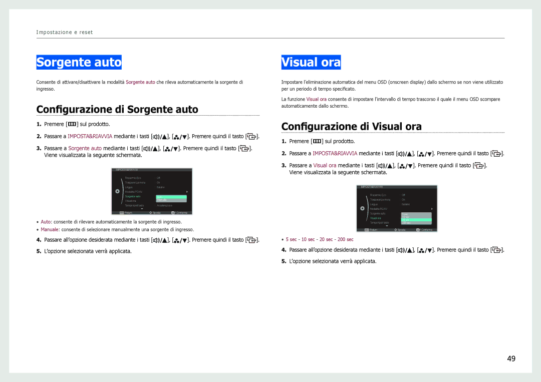 Samsung LS27B970DS/EN, LS27B971DS/EN manual Configurazione di Sorgente auto, Configurazione di Visual ora 