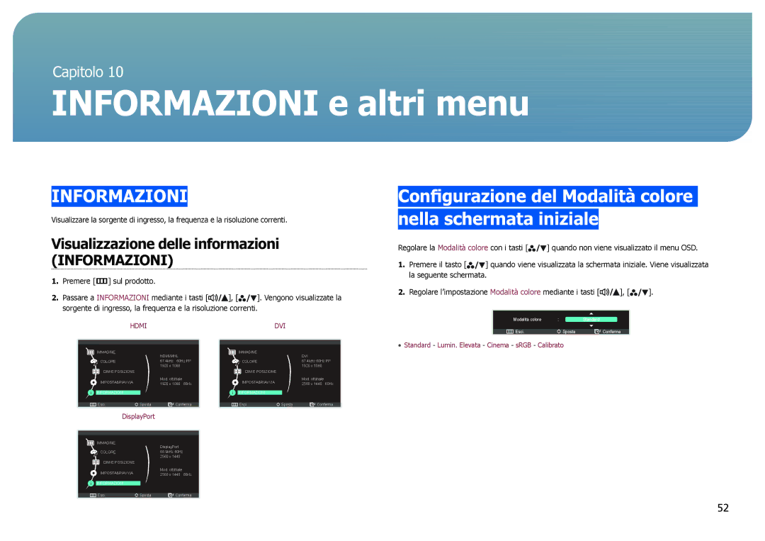 Samsung LS27B971DS/EN manual Informazioni e altri menu, Configurazione del Modalità colore nella schermata iniziale 