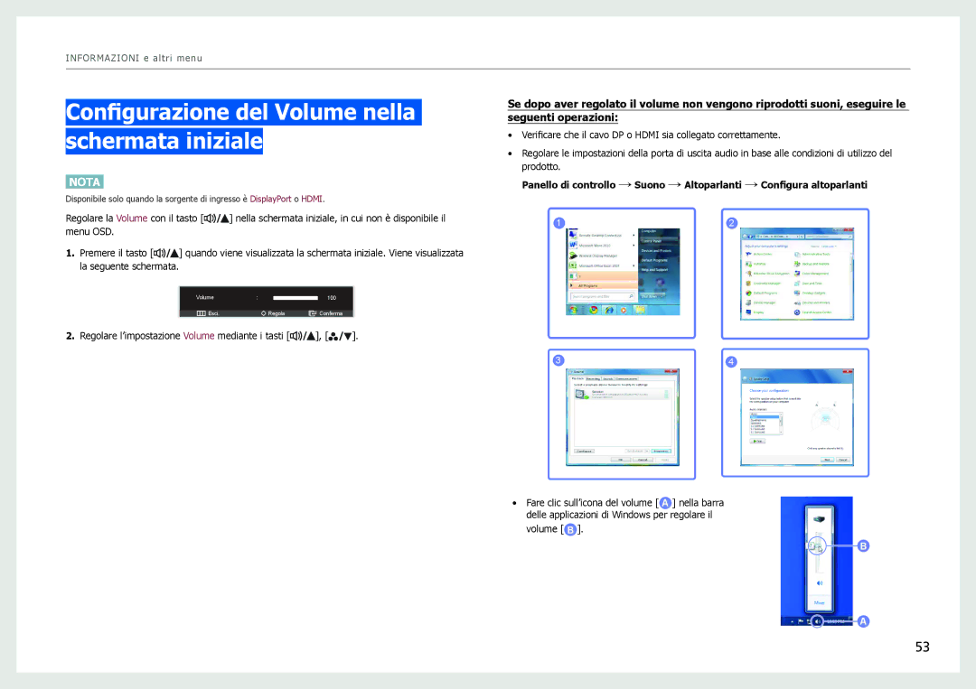 Samsung LS27B970DS/EN, LS27B971DS/EN manual Configurazione del Volume nella schermata iniziale 