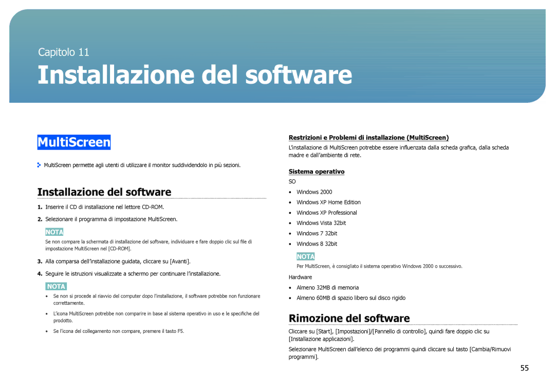 Samsung LS27B970DS/EN, LS27B971DS/EN manual MultiScreen, Installazione del software, Rimozione del software 