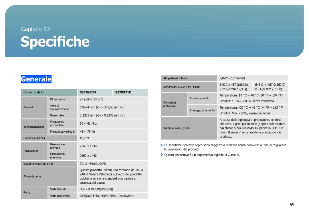 Samsung LS27B970DS/EN, LS27B971DS/EN manual Specifiche, Generale 