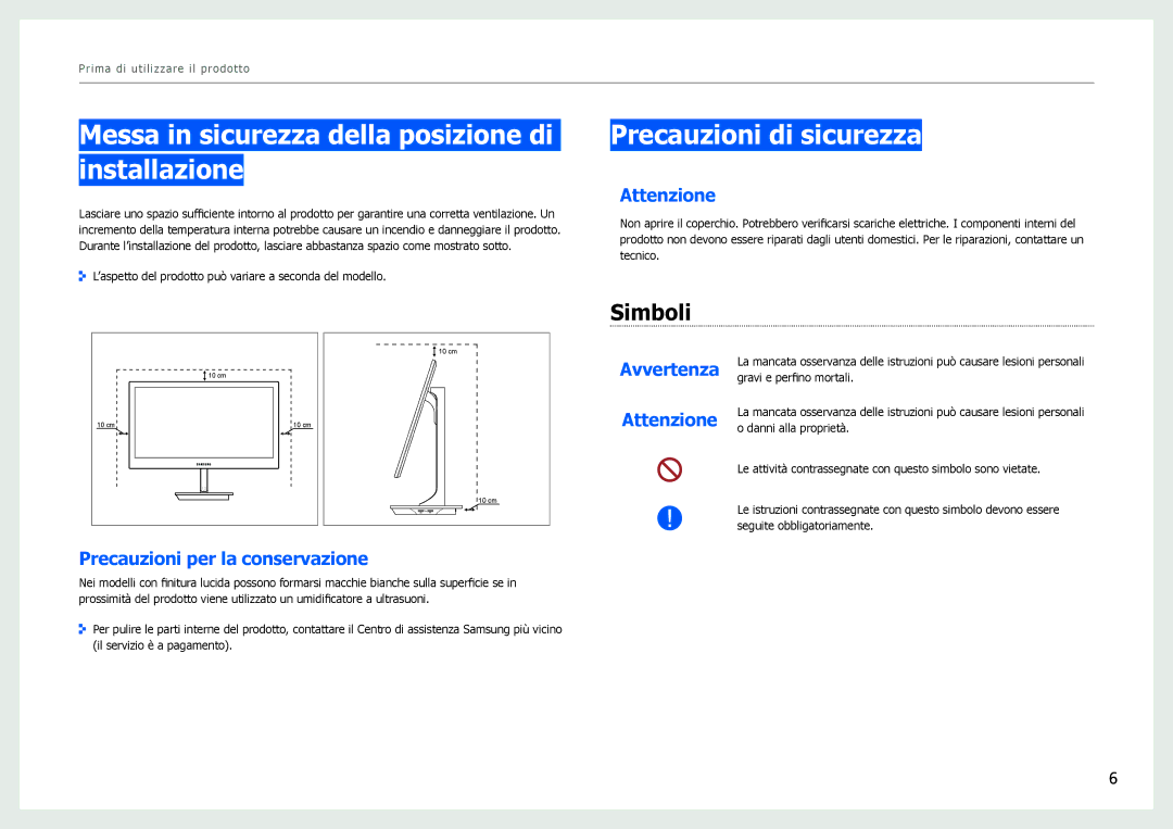 Samsung LS27B971DS/EN manual Messa in sicurezza della posizione di installazione, Precauzioni di sicurezza, Simboli 