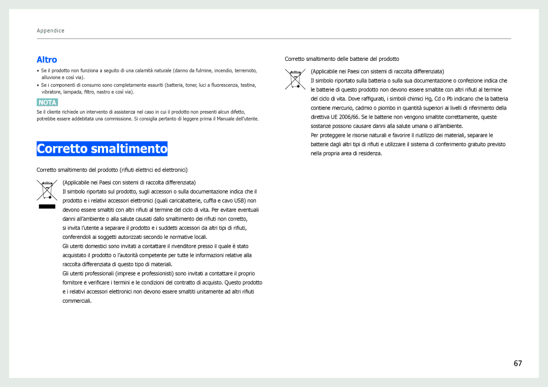Samsung LS27B970DS/EN, LS27B971DS/EN manual Corretto smaltimento, Altro 
