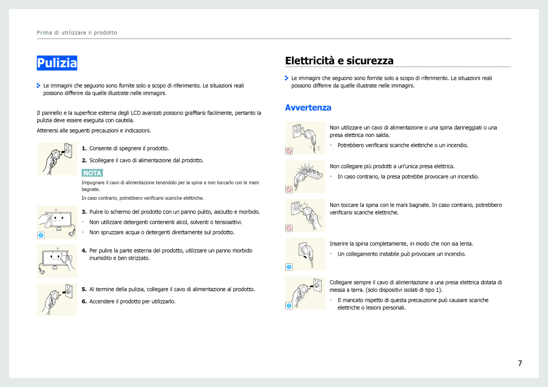 Samsung LS27B970DS/EN, LS27B971DS/EN manual Pulizia, Elettricità e sicurezza, Avvertenza 