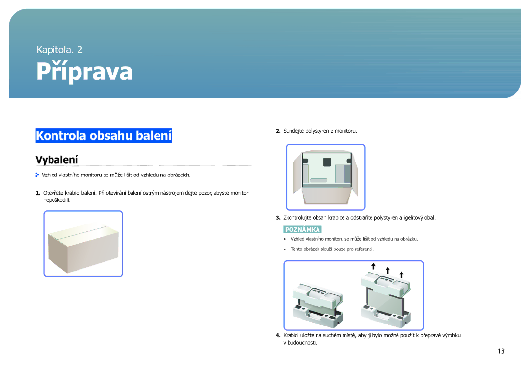 Samsung LS27B970DS/EN, LS27B971DS/EN manual Příprava, Kontrola obsahu balení, Vybalení 