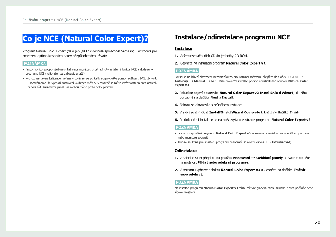 Samsung LS27B971DS/EN, LS27B970DS/EN manual Co je NCE Natural Color Expert?, Instalace/odinstalace programu NCE 