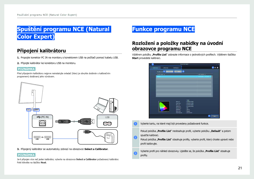 Samsung LS27B970DS/EN manual Spuštění programu NCE Natural Color Expert, Funkce programu NCE, Připojení kalibrátoru 