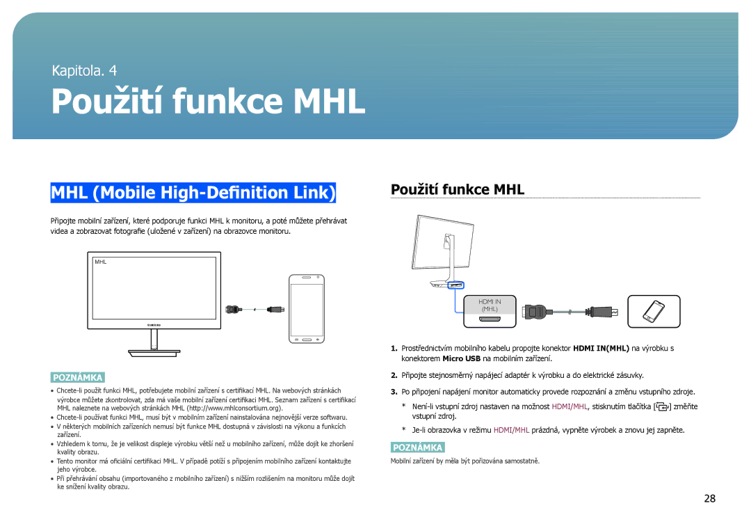 Samsung LS27B971DS/EN, LS27B970DS/EN manual MHL Mobile High-Definition Link, Použití funkce MHL 