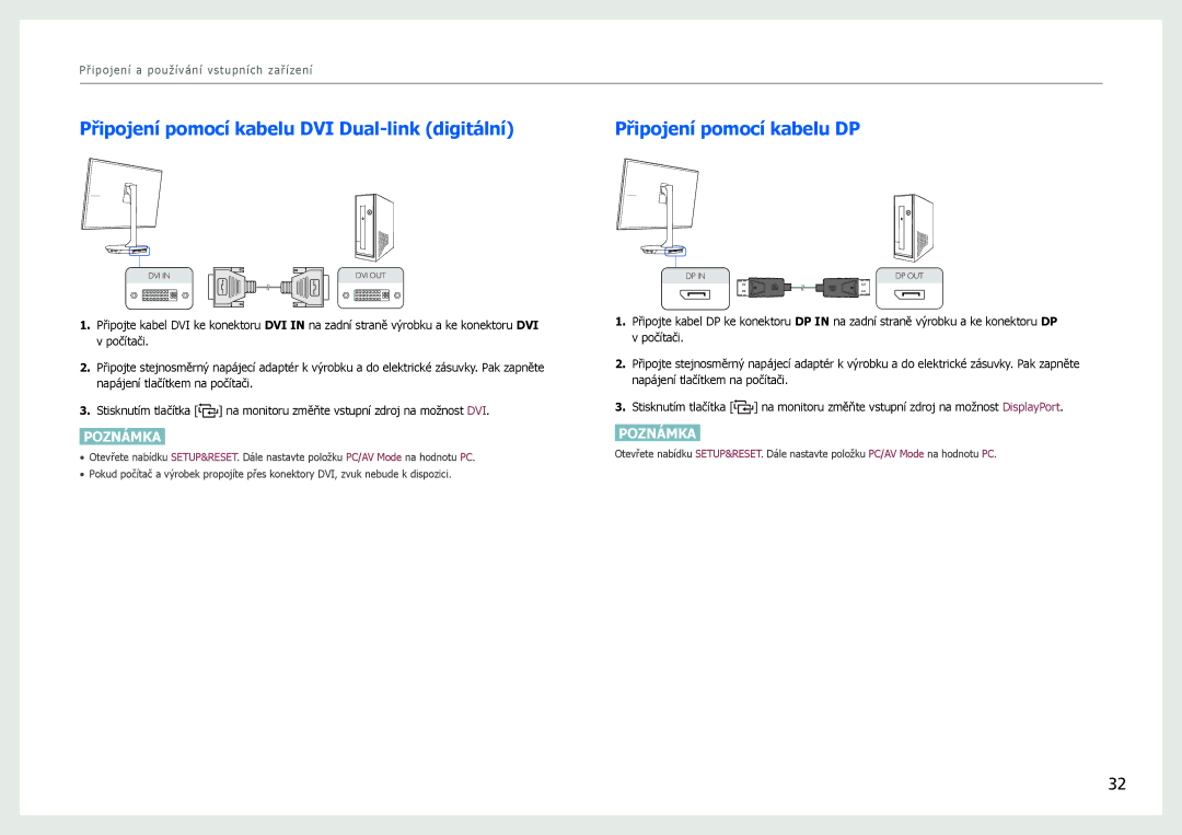 Samsung LS27B971DS/EN, LS27B970DS/EN manual Připojení pomocí kabelu DVI Dual-link digitální, Připojení pomocí kabelu DP 