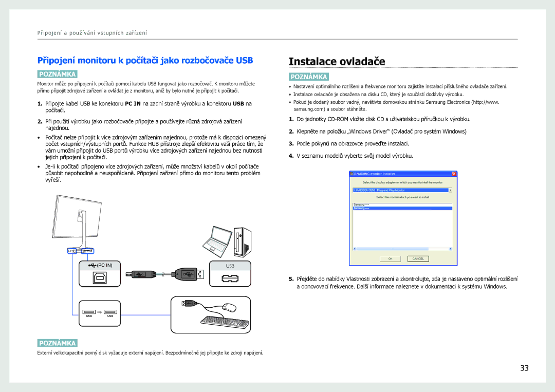 Samsung LS27B970DS/EN, LS27B971DS/EN manual Instalace ovladače, Připojení monitoru k počítači jako rozbočovače USB 
