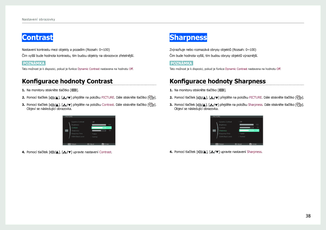 Samsung LS27B971DS/EN, LS27B970DS/EN manual Konfigurace hodnoty Contrast, Konfigurace hodnoty Sharpness 