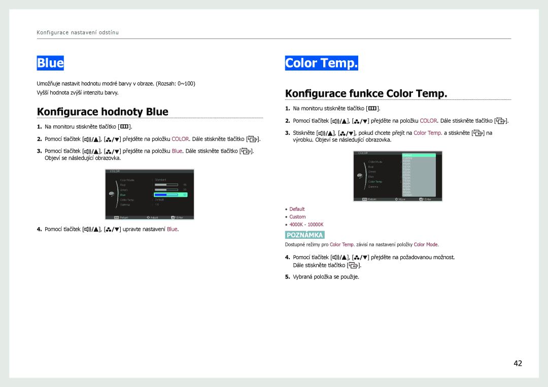 Samsung LS27B971DS/EN, LS27B970DS/EN manual Konfigurace hodnoty Blue, Konfigurace funkce Color Temp 
