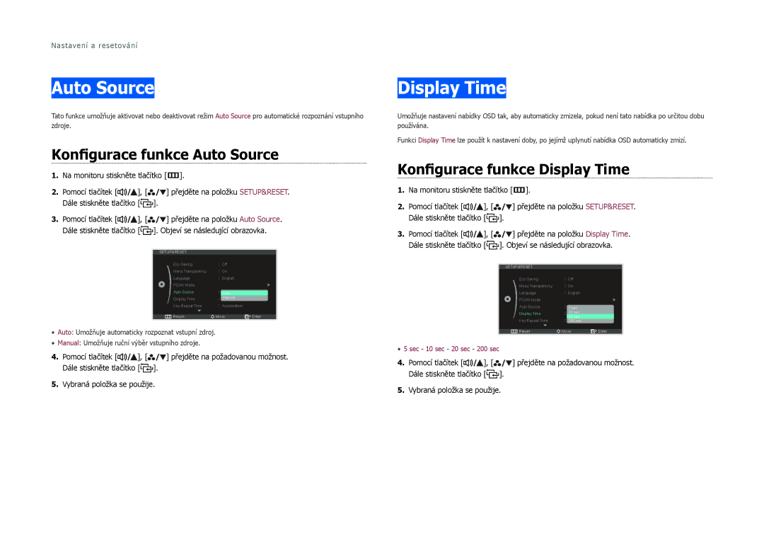 Samsung LS27B970DS/EN, LS27B971DS/EN manual Konfigurace funkce Auto Source, Konfigurace funkce Display Time 