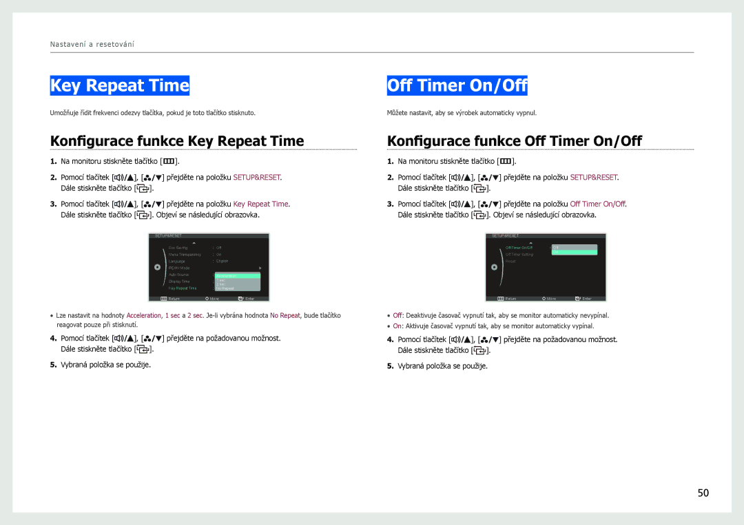 Samsung LS27B971DS/EN, LS27B970DS/EN manual Konfigurace funkce Key Repeat Time, Konfigurace funkce Off Timer On/Off 