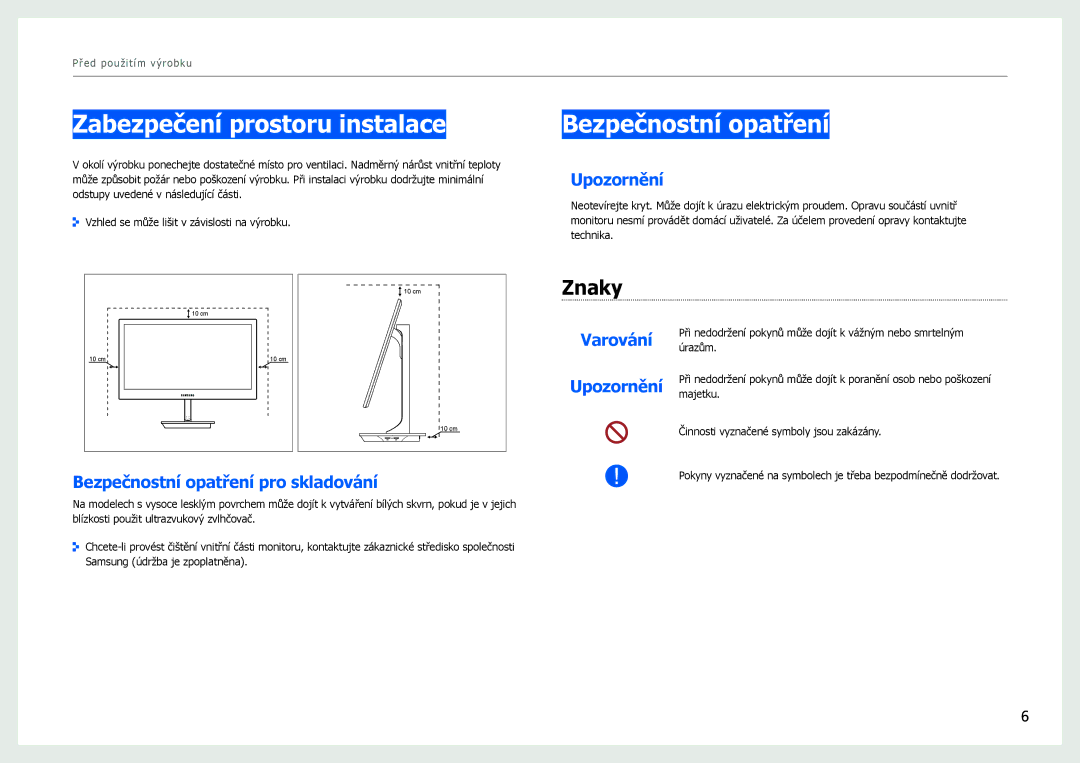 Samsung LS27B971DS/EN, LS27B970DS/EN manual Zabezpečení prostoru instalace, Bezpečnostní opatření, Znaky 