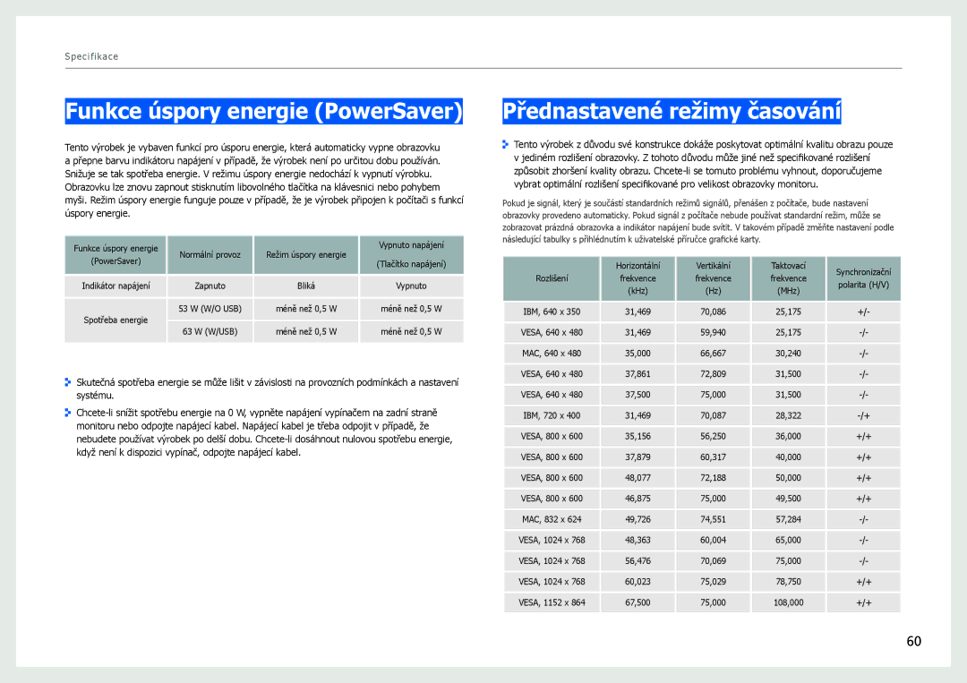 Samsung LS27B971DS/EN, LS27B970DS/EN manual Funkce úspory energie PowerSaver, Přednastavené režimy časování 