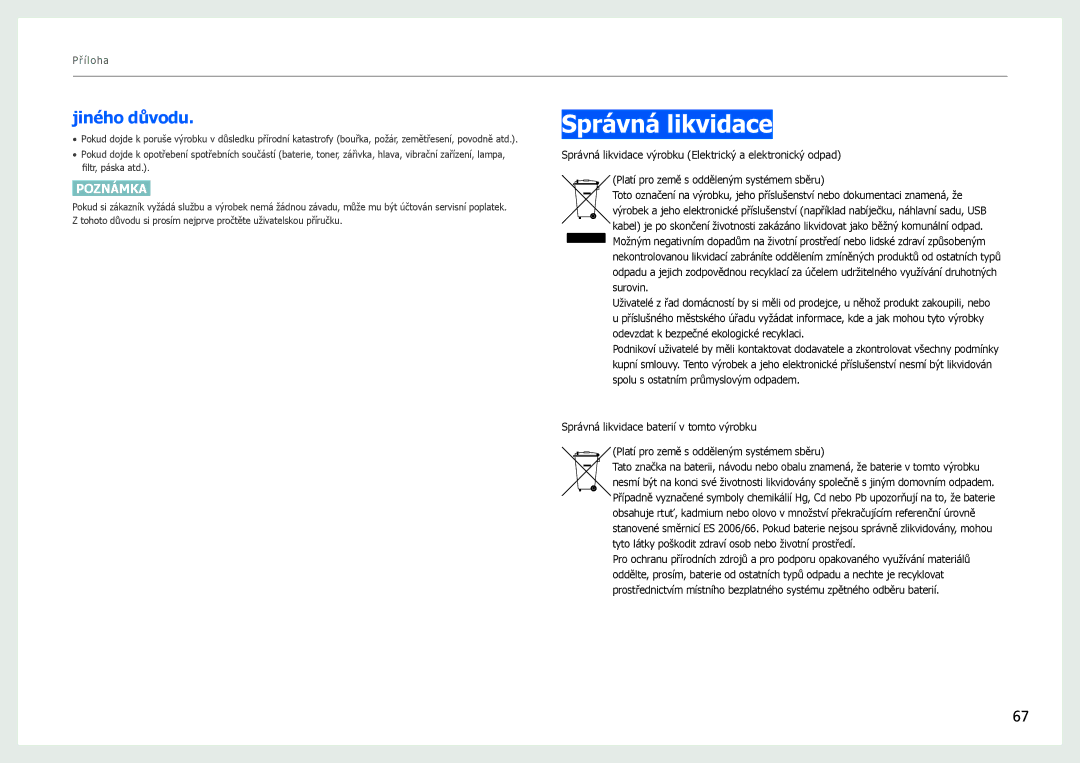 Samsung LS27B970DS/EN, LS27B971DS/EN manual Správná likvidace, Jiného důvodu 