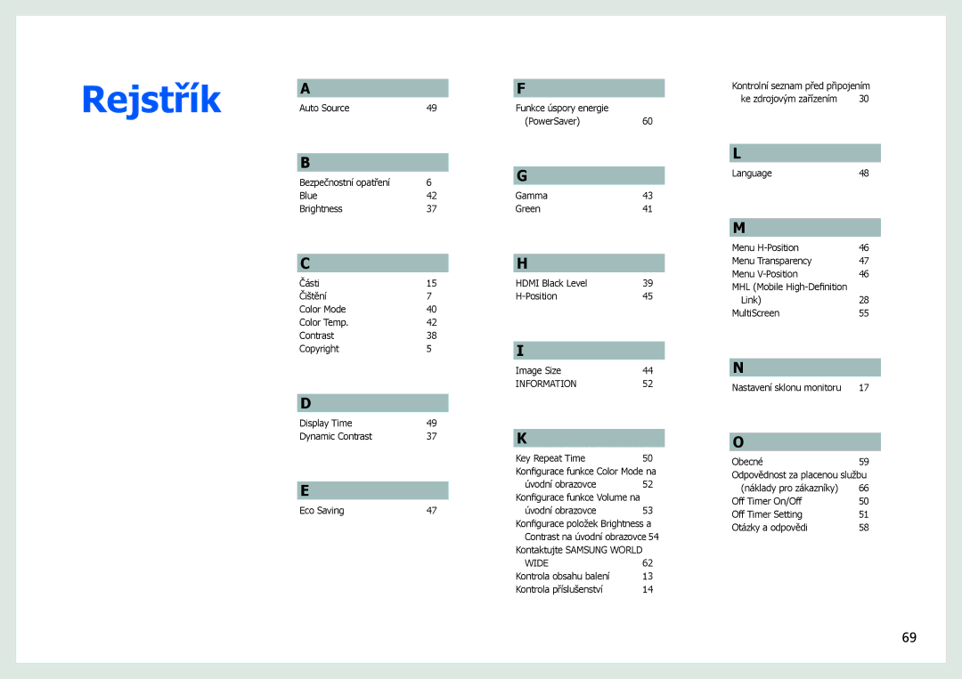 Samsung LS27B970DS/EN, LS27B971DS/EN manual Rejstřík 
