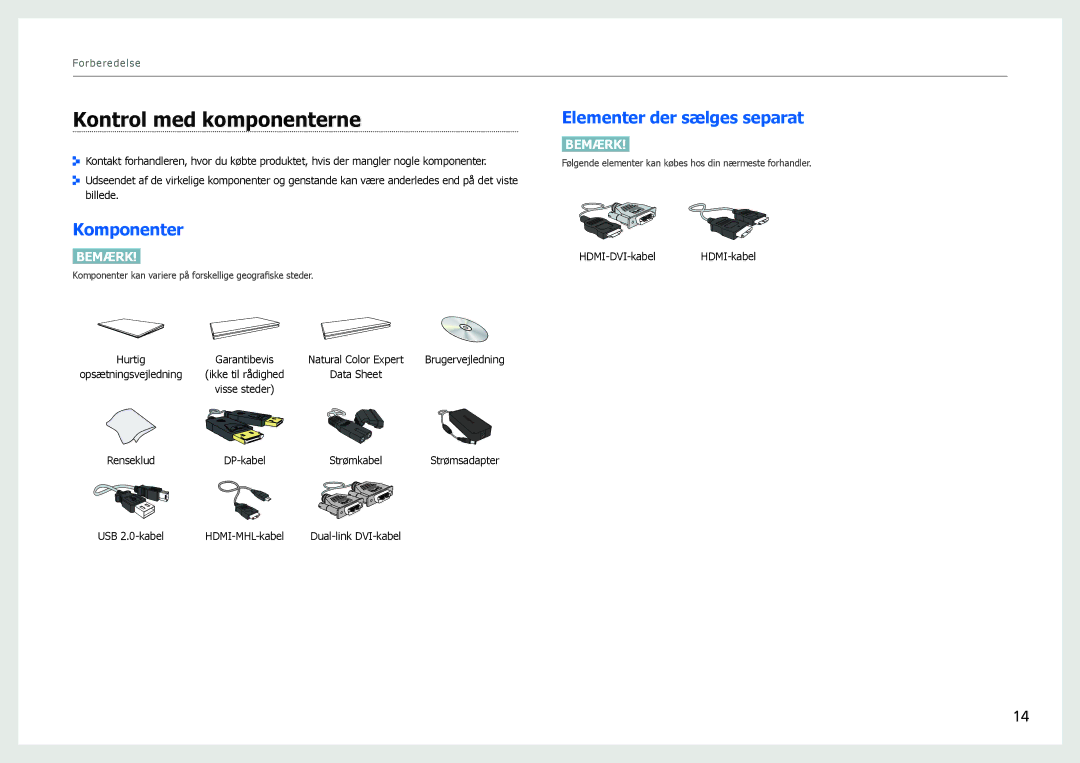 Samsung LS27B971DS/EN, LS27B970DS/EN manual Kontrol med komponenterne, Komponenter, Elementer der sælges separat 