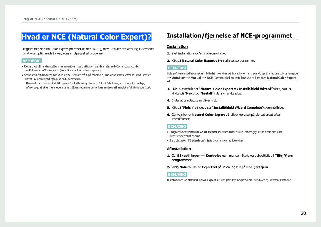 Samsung LS27B971DS/EN, LS27B970DS/EN manual Hvad er NCE Natural Color Expert?, Installation/fjernelse af NCE-programmet 