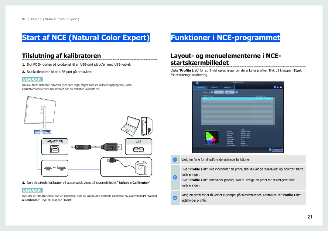 Samsung LS27B970DS/EN manual Start af NCE Natural Color Expert, Funktioner i NCE-programmet, Tilslutning af kalibratoren 