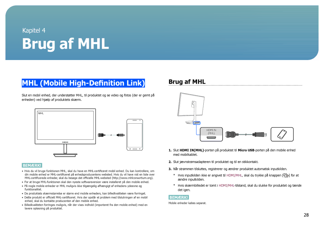 Samsung LS27B971DS/EN, LS27B970DS/EN manual Brug af MHL, MHL Mobile High-Definition Link 