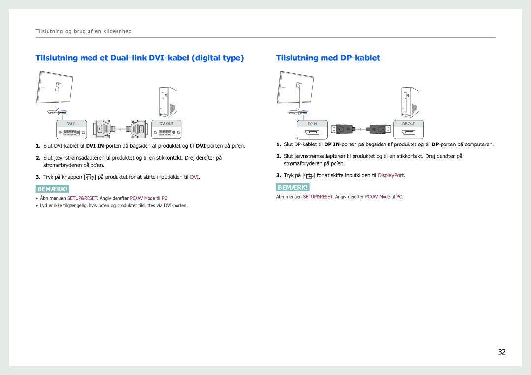 Samsung LS27B971DS/EN, LS27B970DS/EN manual Tilslutning med et Dual-link DVI-kabel digital type, Tilslutning med DP-kablet 