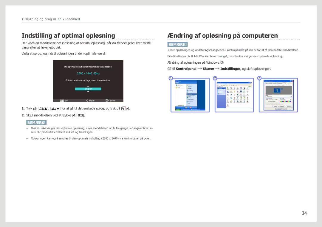 Samsung LS27B971DS/EN, LS27B970DS/EN manual Indstilling af optimal opløsning, Ændring af opløsning på computeren 