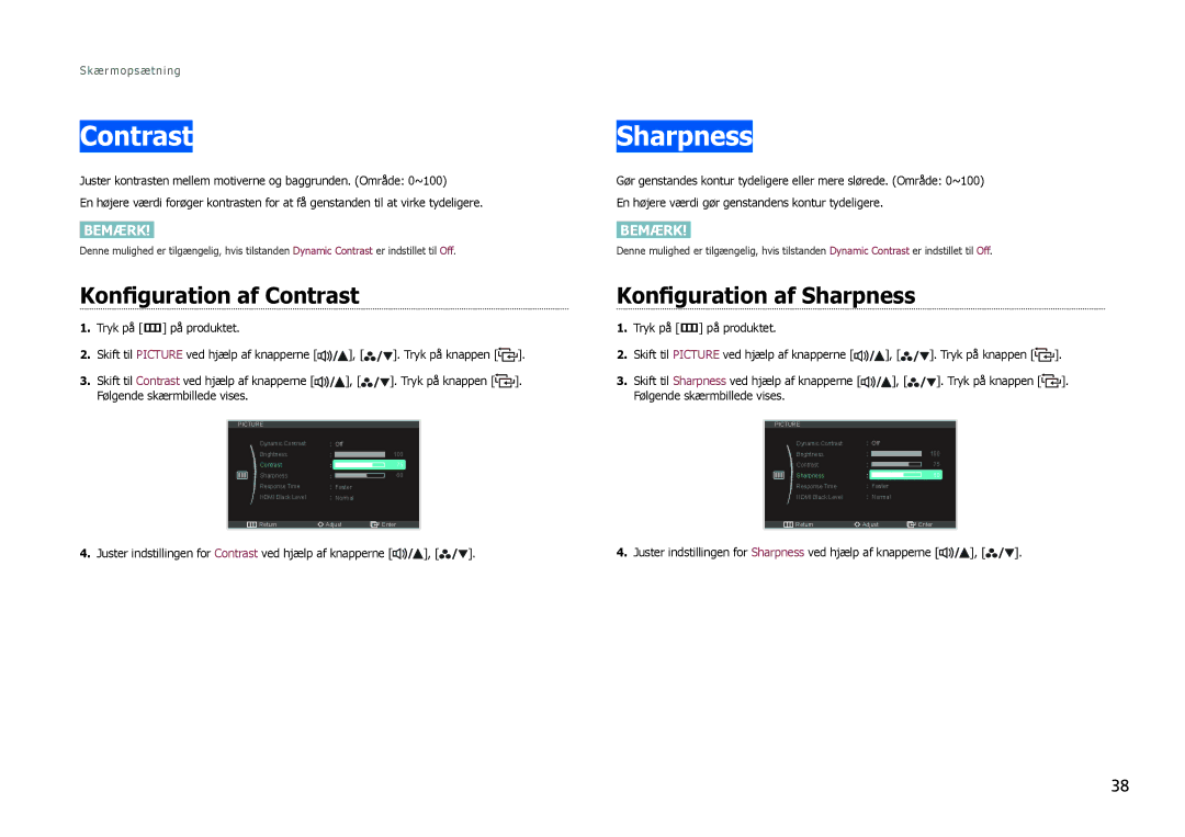 Samsung LS27B971DS/EN, LS27B970DS/EN manual Konfiguration af Contrast, Konfiguration af Sharpness 