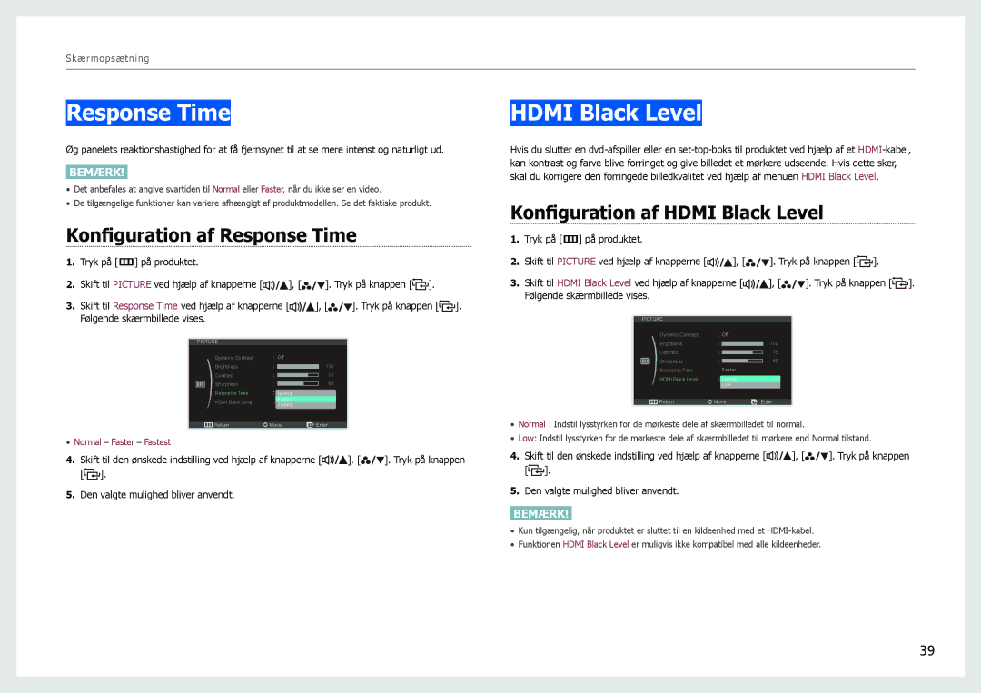 Samsung LS27B970DS/EN, LS27B971DS/EN manual Konfiguration af Response Time, Konfiguration af Hdmi Black Level 