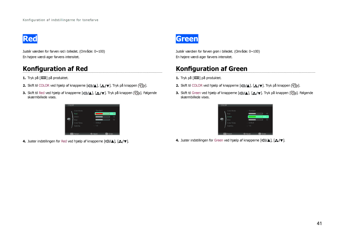 Samsung LS27B970DS/EN, LS27B971DS/EN manual Konfiguration af Red, Konfiguration af Green 