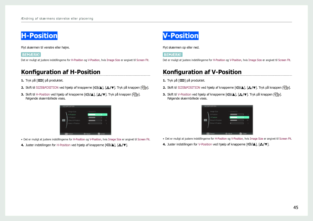 Samsung LS27B970DS/EN, LS27B971DS/EN manual Konfiguration af H-Position, Konfiguration af V-Position 