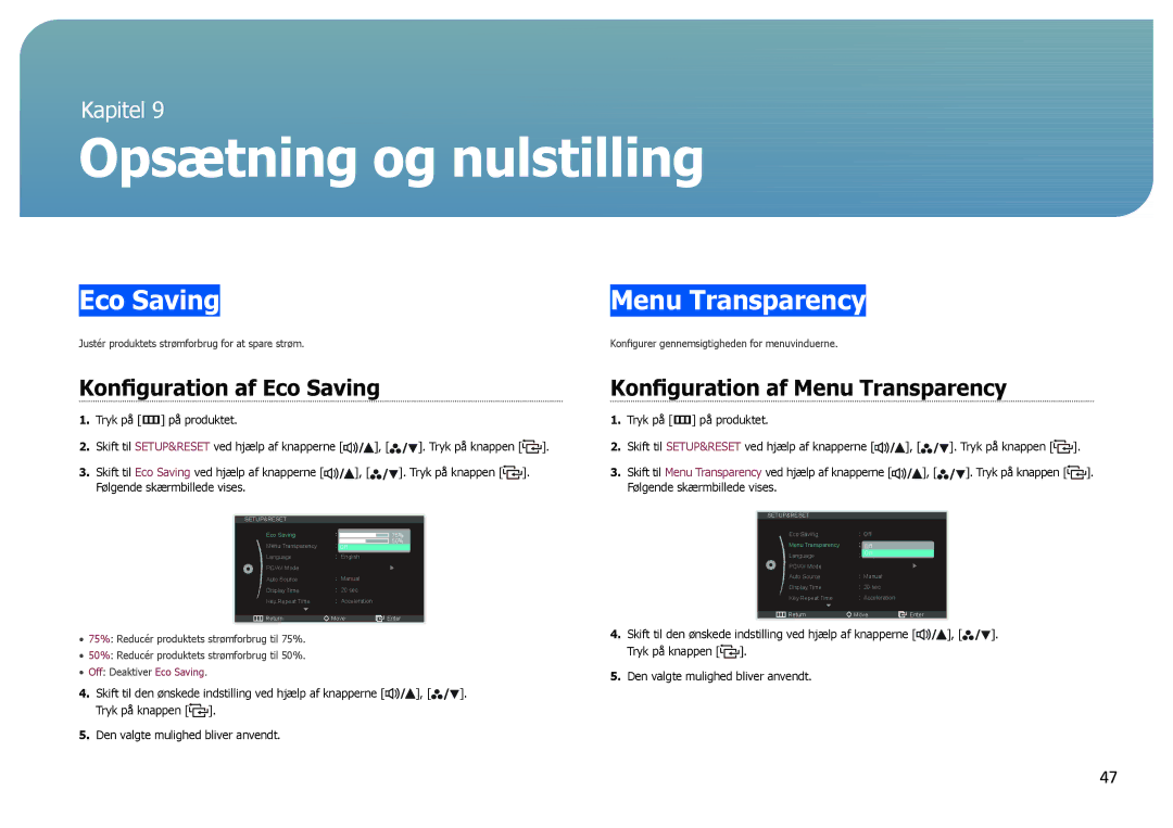 Samsung LS27B970DS/EN, LS27B971DS/EN manual Konfiguration af Eco Saving, Konfiguration af Menu Transparency 