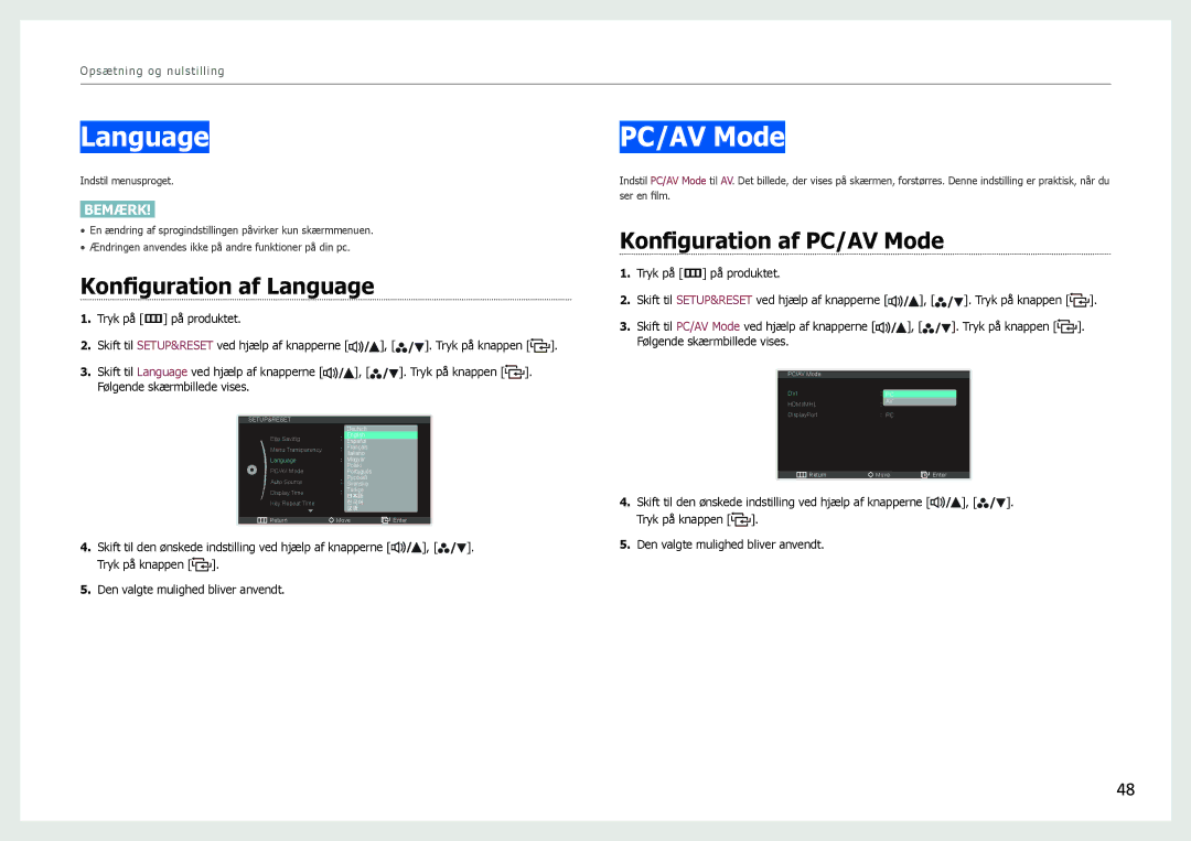 Samsung LS27B971DS/EN, LS27B970DS/EN manual Konfiguration af Language, Konfiguration af PC/AV Mode 