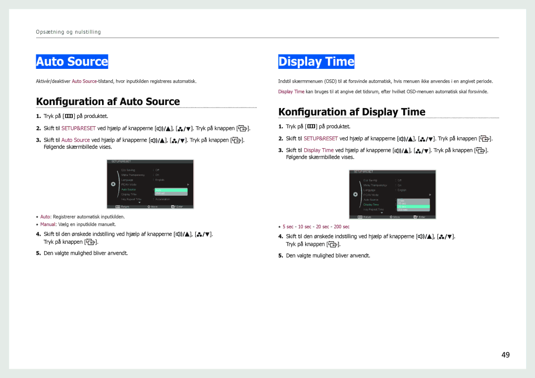 Samsung LS27B970DS/EN, LS27B971DS/EN manual Konfiguration af Auto Source, Konfiguration af Display Time 