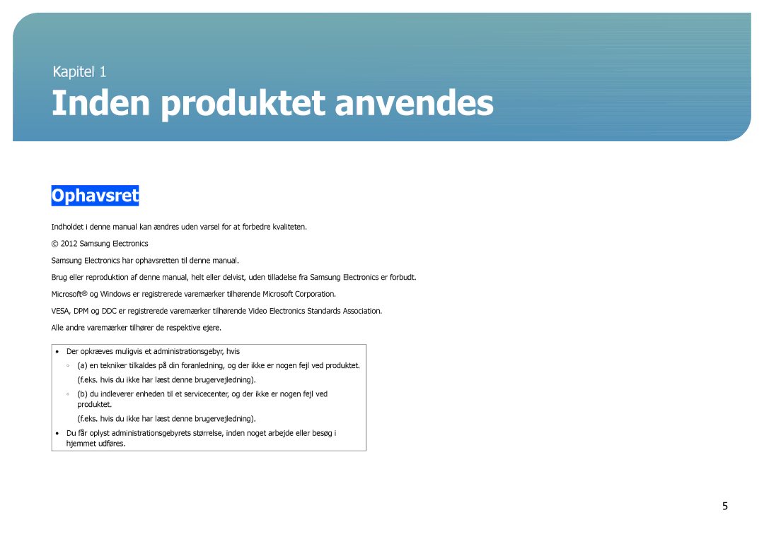 Samsung LS27B970DS/EN, LS27B971DS/EN manual Inden produktet anvendes, Ophavsret 