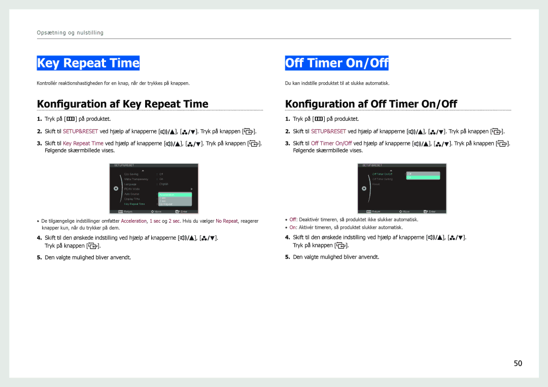 Samsung LS27B971DS/EN, LS27B970DS/EN manual Konfiguration af Key Repeat Time, Konfiguration af Off Timer On/Off 