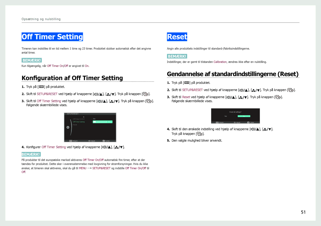 Samsung LS27B970DS/EN manual Konfiguration af Off Timer Setting, Gendannelse af standardindstillingerne Reset 