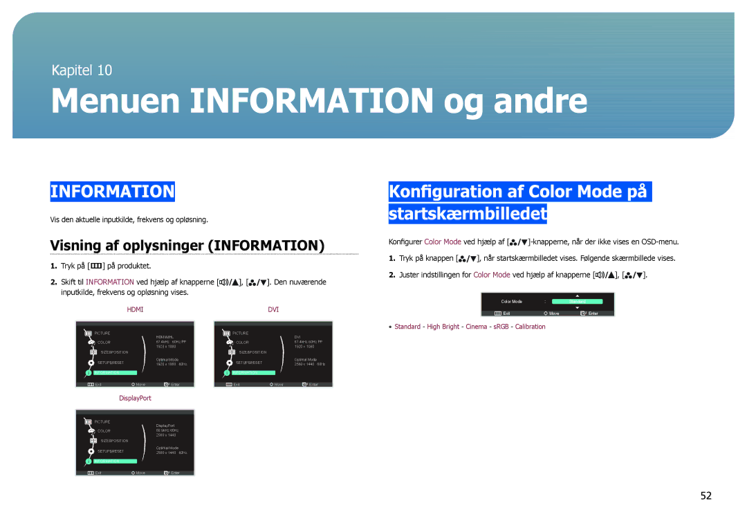 Samsung LS27B971DS/EN, LS27B970DS/EN manual Menuen Information og andre, Konfiguration af Color Mode på startskærmbilledet 